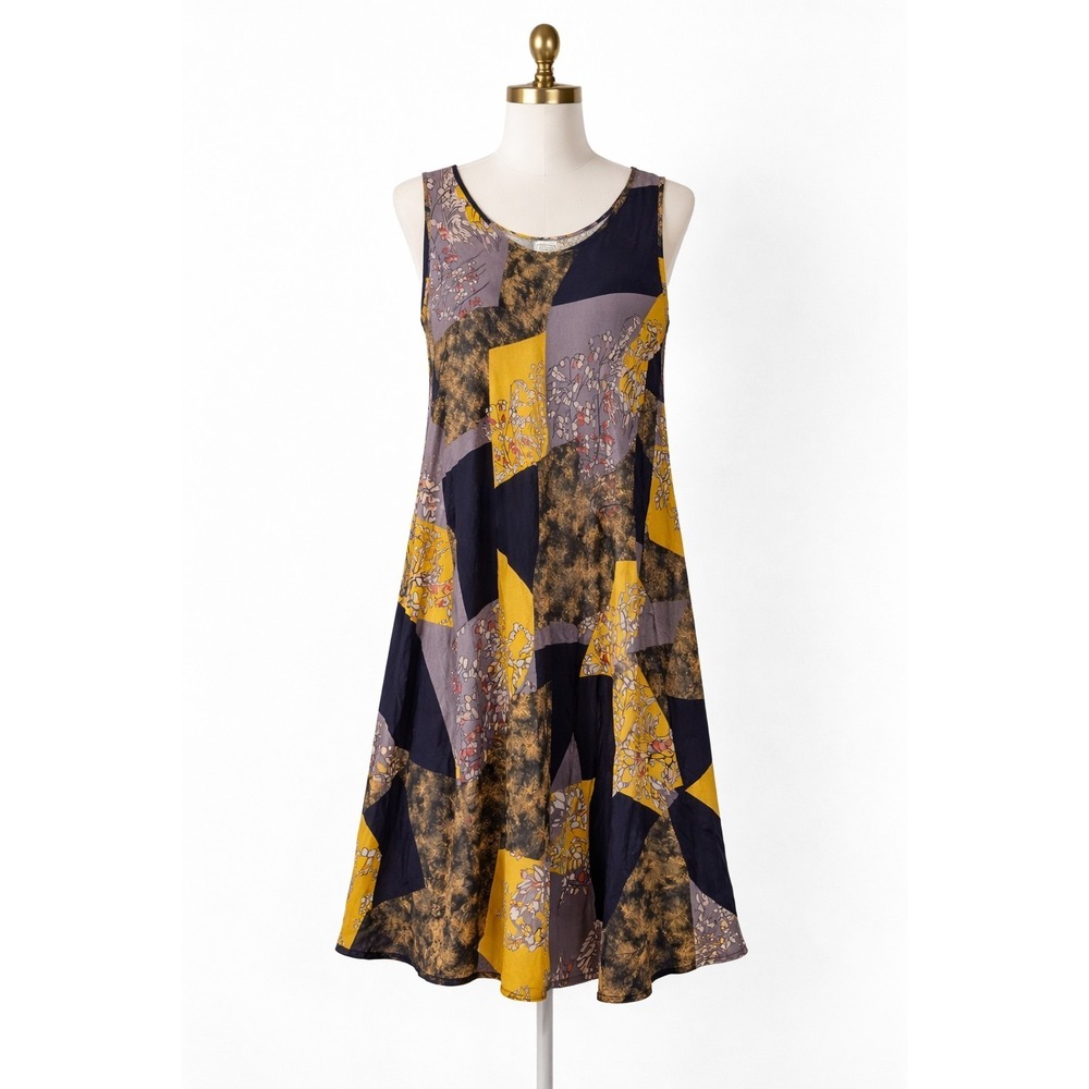 Tamsy One Size Sleeveless Midi Dress 100% Viscose Abstract Patchwork Floral Boho